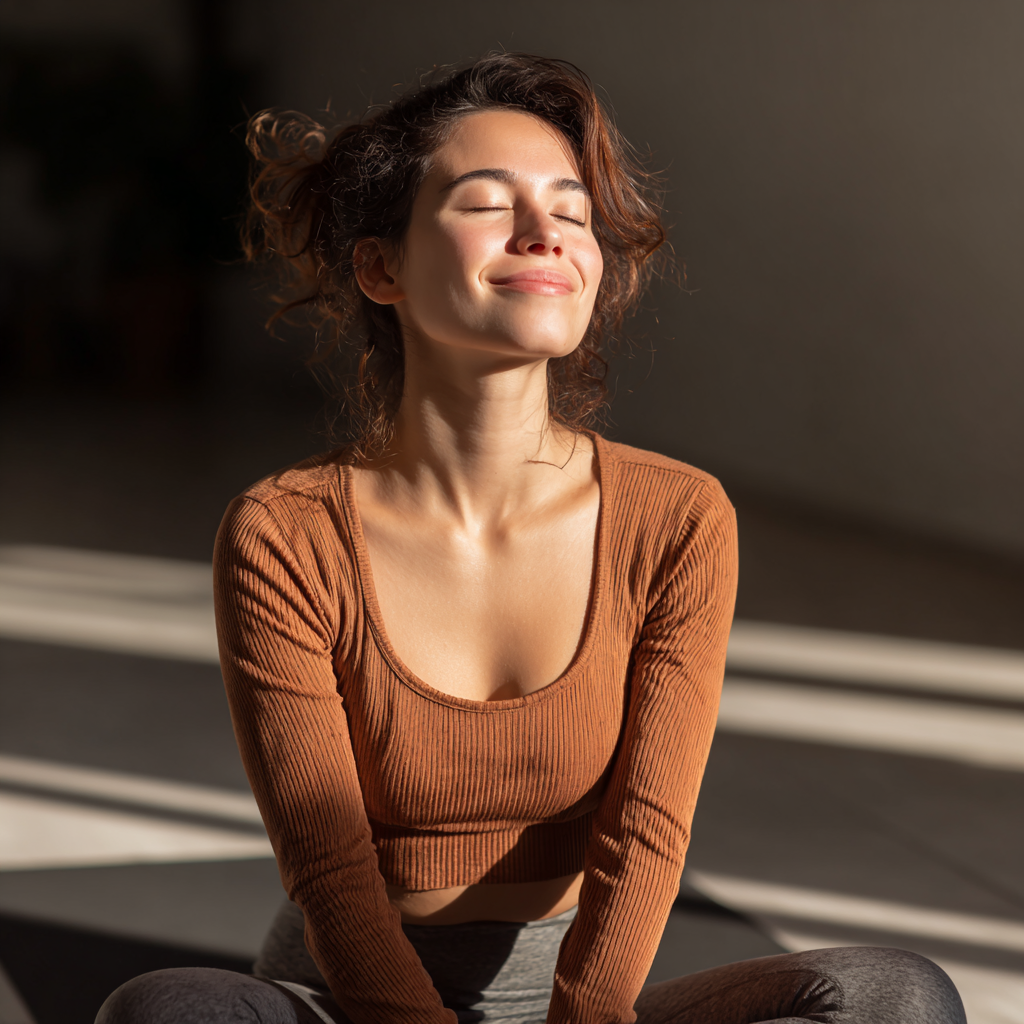 Mosolygós európai nő jóga pozícióban, természetes megvilágításban, realisztikus stílus