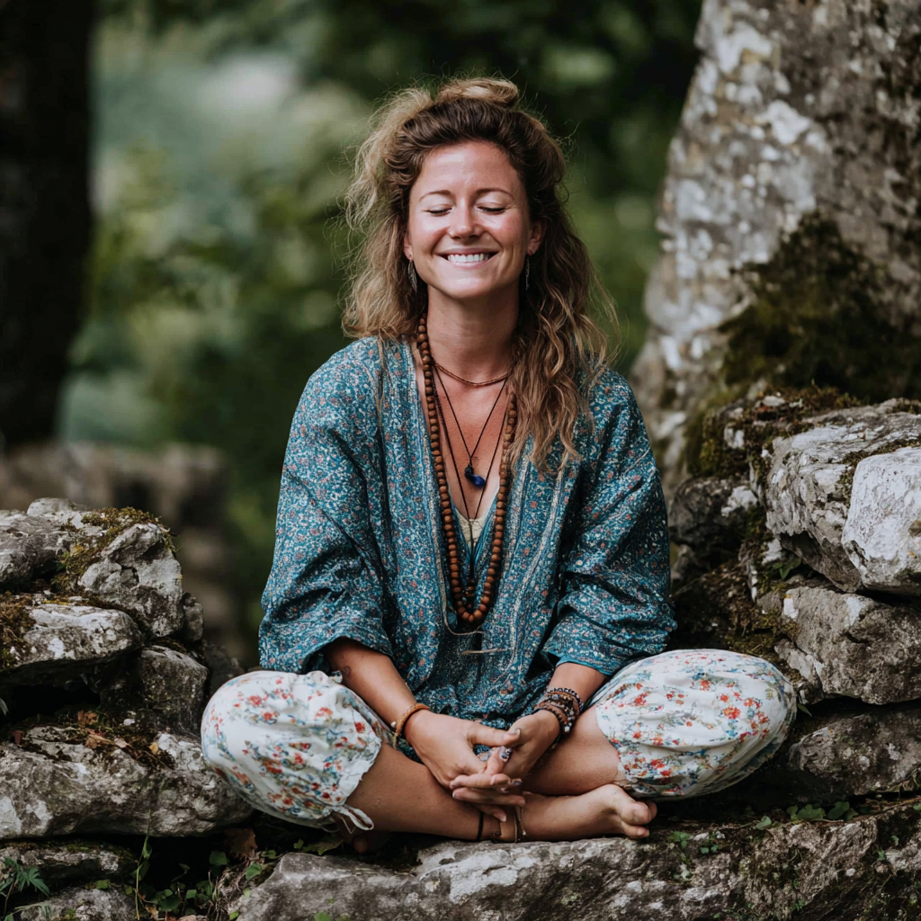 Mosolygós középkorú európai nő jóga oktatói pozícióban, természetes környezetben, realisztikus stílus