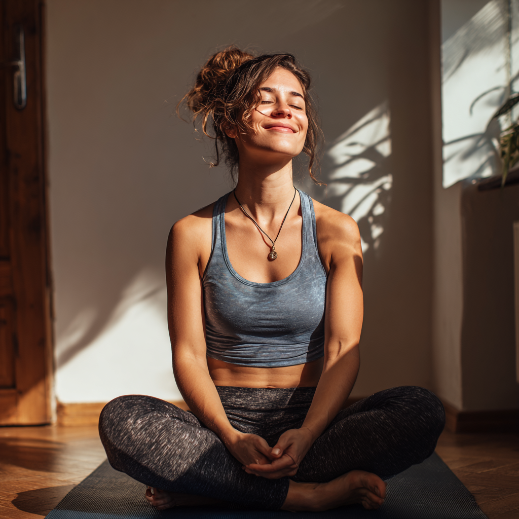 Mosolygós fiatal európai nő egészséges ételekkel, természetes fényben, realisztikus stílus